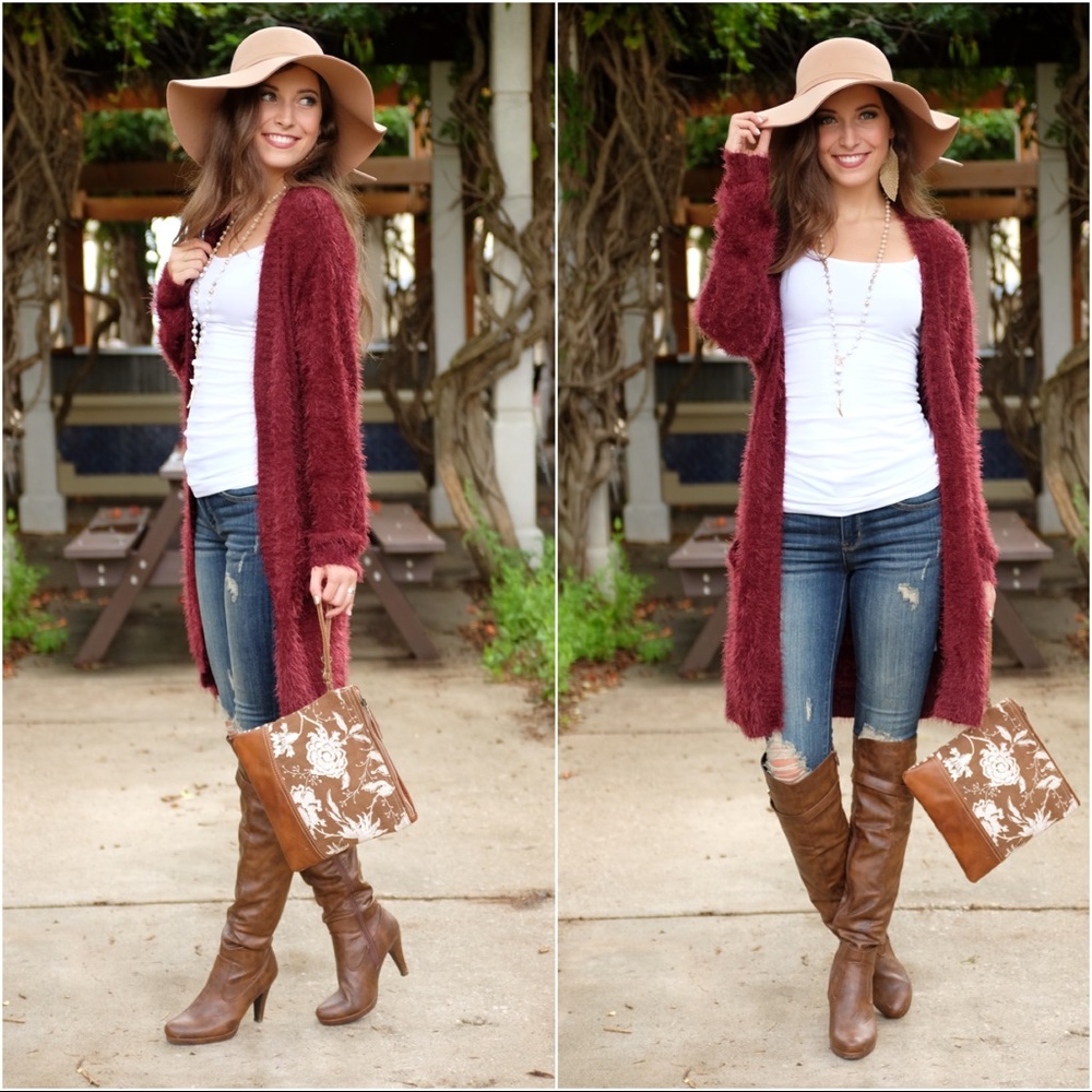 ✨RESTOCKED✨ Wine Fuzzy Open Front Cardigan - Picture 3 of 3